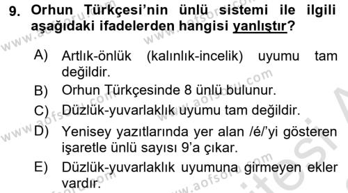 Orhun Türkçesi Dersi 2021 - 2022 Yılı Yaz Okulu Sınavı 9. Soru