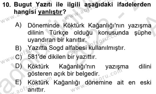 Orhun Türkçesi Dersi 2022 - 2023 Yılı (Vize) Ara Sınavı 10. Soru