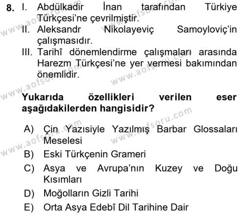 Orhun Türkçesi Dersi 2022 - 2023 Yılı (Vize) Ara Sınavı 8. Soru