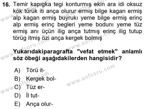 Orhun Türkçesi Dersi 2022 - 2023 Yılı (Final) Dönem Sonu Sınavı 16. Soru