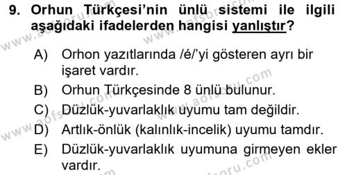 Orhun Türkçesi Dersi 2022 - 2023 Yılı Yaz Okulu Sınavı 9. Soru