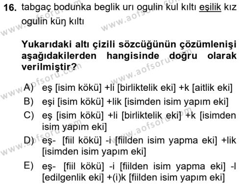 Orhun Türkçesi Dersi 2023 - 2024 Yılı (Final) Dönem Sonu Sınavı 16. Soru