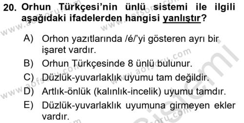 Orhun Türkçesi Dersi 2023 - 2024 Yılı (Final) Dönem Sonu Sınavı 20. Soru