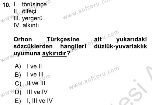 Orhun Türkçesi Dersi 2023 - 2024 Yılı Yaz Okulu Sınavı 10. Soru