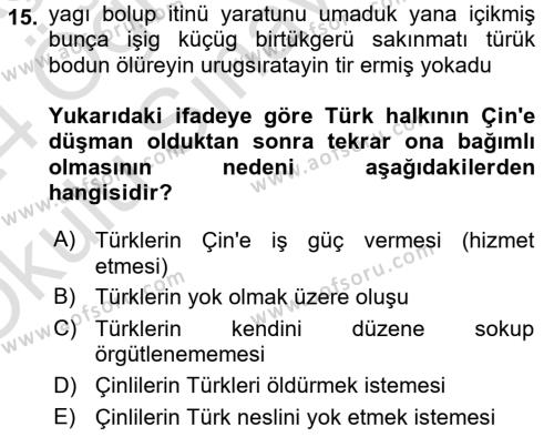 Orhun Türkçesi Dersi 2023 - 2024 Yılı Yaz Okulu Sınavı 15. Soru