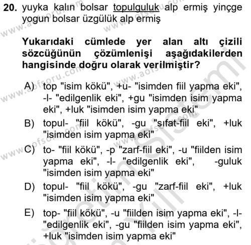 Orhun Türkçesi Dersi 2023 - 2024 Yılı Yaz Okulu Sınavı 20. Soru