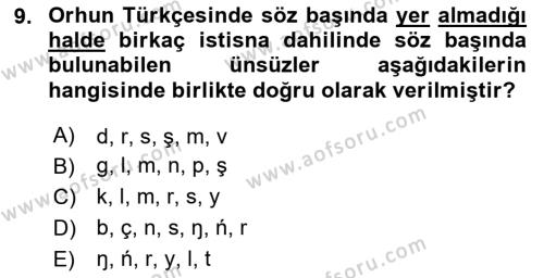 Orhun Türkçesi Dersi 2023 - 2024 Yılı Yaz Okulu Sınavı 9. Soru