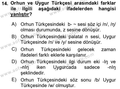 Uygur Türkçesi Dersi 2015 - 2016 Yılı (Vize) Ara Sınavı 14. Soru