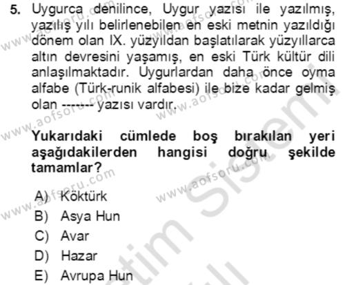 Uygur Türkçesi Dersi 2020 - 2021 Yılı Yaz Okulu Sınavı 5. Soru