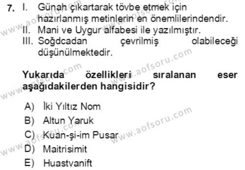 Uygur Türkçesi Dersi 2020 - 2021 Yılı Yaz Okulu Sınavı 7. Soru