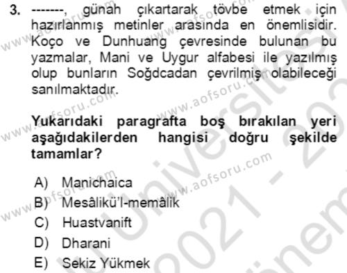 Uygur Türkçesi Dersi 2021 - 2022 Yılı (Final) Dönem Sonu Sınavı 3. Soru