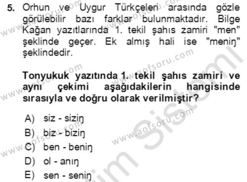 Uygur Türkçesi Dersi 2021 - 2022 Yılı Yaz Okulu Sınavı 5. Soru