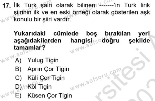 Uygur Türkçesi Dersi 2022 - 2023 Yılı Yaz Okulu Sınavı 17. Soru