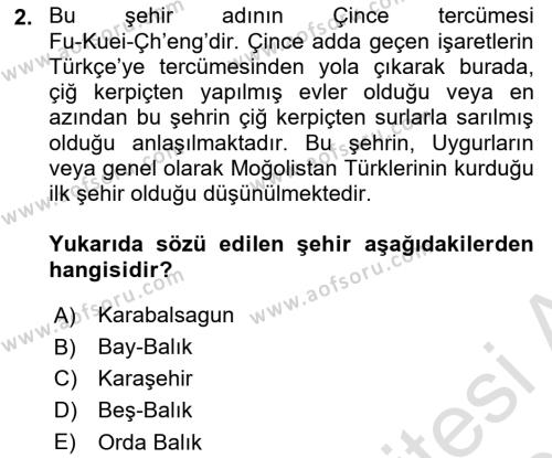 Uygur Türkçesi Dersi 2022 - 2023 Yılı Yaz Okulu Sınavı 2. Soru