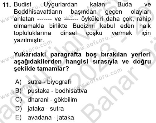 Uygur Türkçesi Dersi 2023 - 2024 Yılı (Vize) Ara Sınavı 11. Soru