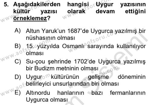 Uygur Türkçesi Dersi 2023 - 2024 Yılı (Vize) Ara Sınavı 5. Soru