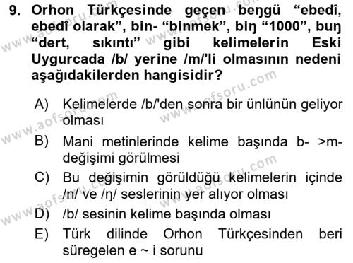 Uygur Türkçesi Dersi 2023 - 2024 Yılı (Vize) Ara Sınavı 9. Soru