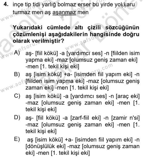 Uygur Türkçesi Dersi 2023 - 2024 Yılı (Final) Dönem Sonu Sınavı 4. Soru