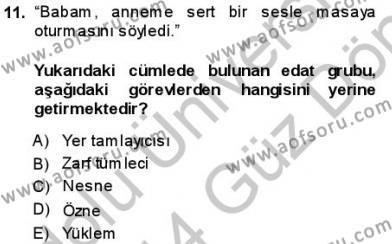 Türkçe Cümle Bilgisi 1 Dersi 2013 - 2014 Yılı (Final) Dönem Sonu Sınavı 11. Soru