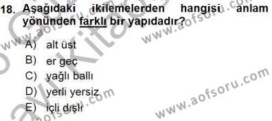 Türkçe Cümle Bilgisi 1 Dersi 2015 - 2016 Yılı (Vize) Ara Sınavı 18. Soru