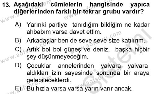 Türkçe Cümle Bilgisi 1 Dersi 2017 - 2018 Yılı (Vize) Ara Sınavı 13. Soru