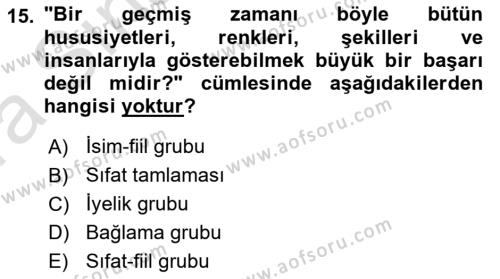 Türkçe Cümle Bilgisi 1 Dersi 2017 - 2018 Yılı (Vize) Ara Sınavı 15. Soru