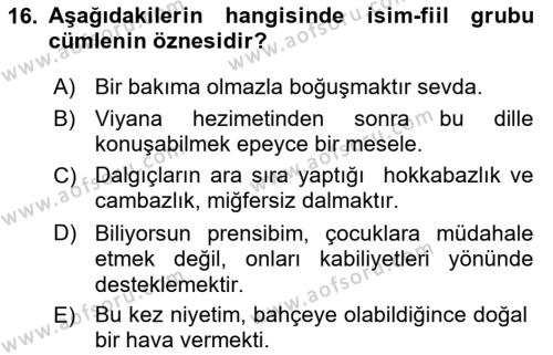 Türkçe Cümle Bilgisi 1 Dersi 2017 - 2018 Yılı (Vize) Ara Sınavı 16. Soru