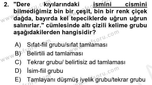 Türkçe Cümle Bilgisi 1 Dersi 2017 - 2018 Yılı (Final) Dönem Sonu Sınavı 2. Soru