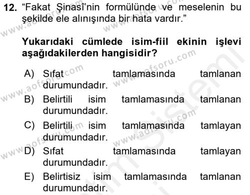 Türkçe Cümle Bilgisi 1 Dersi 2018 - 2019 Yılı (Vize) Ara Sınavı 12. Soru