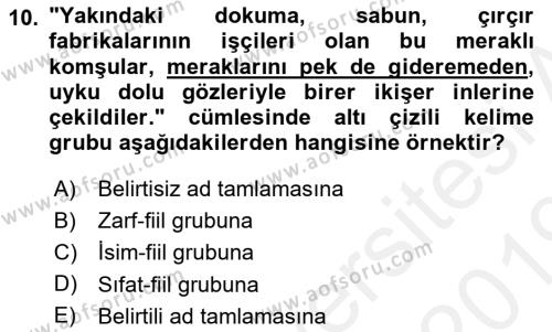 Türkçe Cümle Bilgisi 1 Dersi 2018 - 2019 Yılı (Final) Dönem Sonu Sınavı 10. Soru