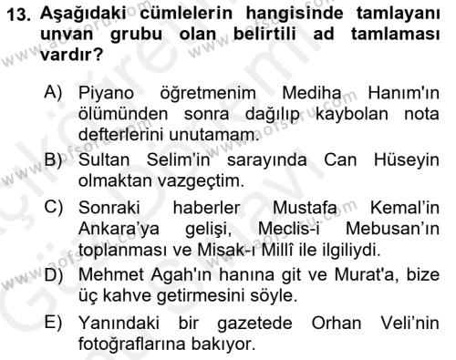 Türkçe Cümle Bilgisi 1 Dersi 2018 - 2019 Yılı (Final) Dönem Sonu Sınavı 13. Soru