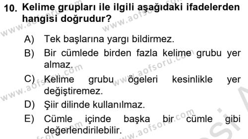 Türkçe Cümle Bilgisi 1 Dersi 2019 - 2020 Yılı (Vize) Ara Sınavı 10. Soru