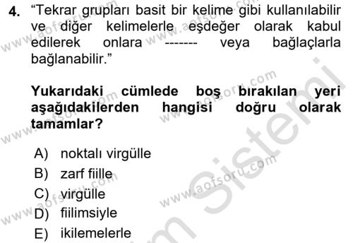 Türkçe Cümle Bilgisi 1 Dersi 2019 - 2020 Yılı (Final) Dönem Sonu Sınavı 4. Soru