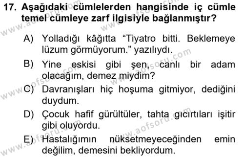 Türkçe Cümle Bilgisi 2 Dersi 2015 - 2016 Yılı (Vize) Ara Sınavı 17. Soru