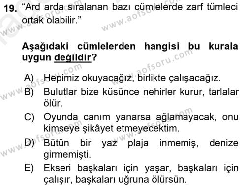Türkçe Cümle Bilgisi 2 Dersi 2015 - 2016 Yılı (Vize) Ara Sınavı 19. Soru