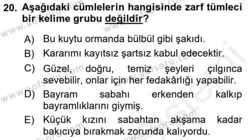 Türkçe Cümle Bilgisi 2 Dersi 2015 - 2016 Yılı (Vize) Ara Sınavı 20. Soru