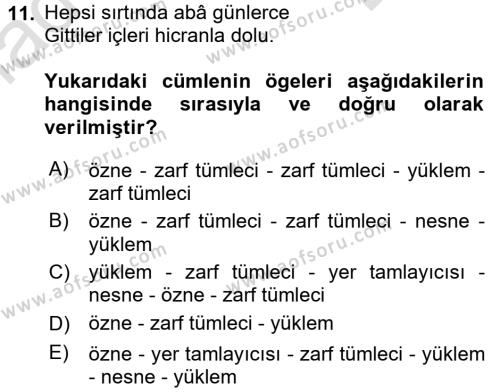 Türkçe Cümle Bilgisi 2 Dersi 2015 - 2016 Yılı (Final) Dönem Sonu Sınavı 11. Soru