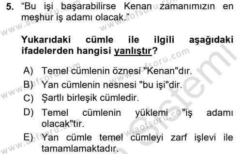 Türkçe Cümle Bilgisi 2 Dersi 2015 - 2016 Yılı (Final) Dönem Sonu Sınavı 5. Soru