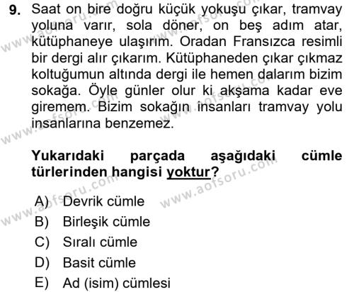 Türkçe Cümle Bilgisi 2 Dersi 2015 - 2016 Yılı (Final) Dönem Sonu Sınavı 9. Soru