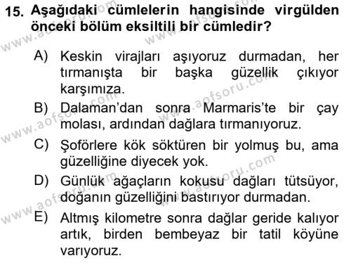Türkçe Cümle Bilgisi 2 Dersi 2016 - 2017 Yılı (Vize) Ara Sınavı 15. Soru