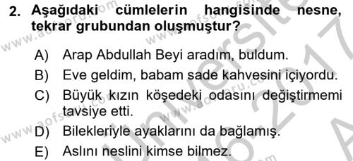 Türkçe Cümle Bilgisi 2 Dersi 2016 - 2017 Yılı (Vize) Ara Sınavı 2. Soru