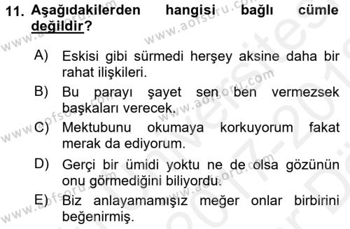 Türkçe Cümle Bilgisi 2 Dersi 2017 - 2018 Yılı (Vize) Ara Sınavı 11. Soru