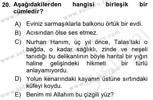 Türkçe Cümle Bilgisi 2 Dersi 2017 - 2018 Yılı (Vize) Ara Sınavı 20. Soru