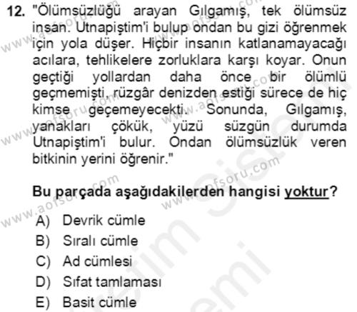 Türkçe Cümle Bilgisi 2 Dersi 2017 - 2018 Yılı (Final) Dönem Sonu Sınavı 12. Soru