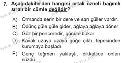 Türkçe Cümle Bilgisi 2 Dersi 2017 - 2018 Yılı (Final) Dönem Sonu Sınavı 7. Soru