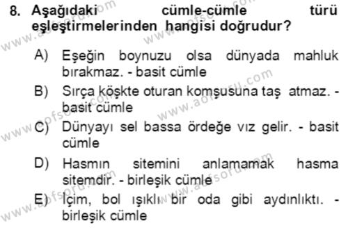 Türkçe Cümle Bilgisi 2 Dersi 2017 - 2018 Yılı (Final) Dönem Sonu Sınavı 8. Soru