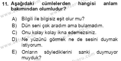 Türkçe Cümle Bilgisi 2 Dersi 2018 - 2019 Yılı (Final) Dönem Sonu Sınavı 11. Soru