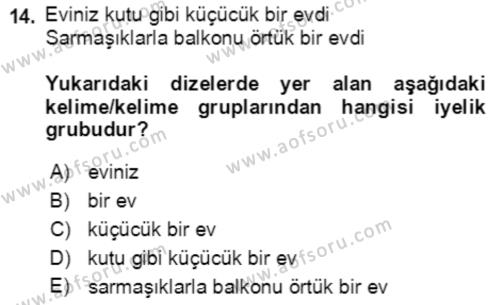 Türkçe Cümle Bilgisi 2 Dersi 2018 - 2019 Yılı (Final) Dönem Sonu Sınavı 14. Soru