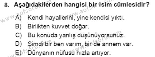 Türkçe Cümle Bilgisi 2 Dersi 2018 - 2019 Yılı (Final) Dönem Sonu Sınavı 8. Soru