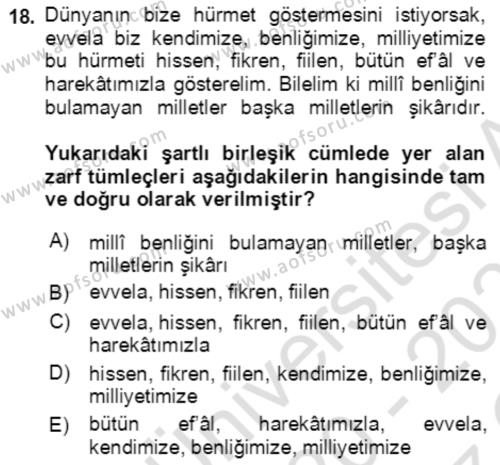 Türkçe Cümle Bilgisi 2 Dersi 2020 - 2021 Yılı Yaz Okulu Sınavı 18. Soru